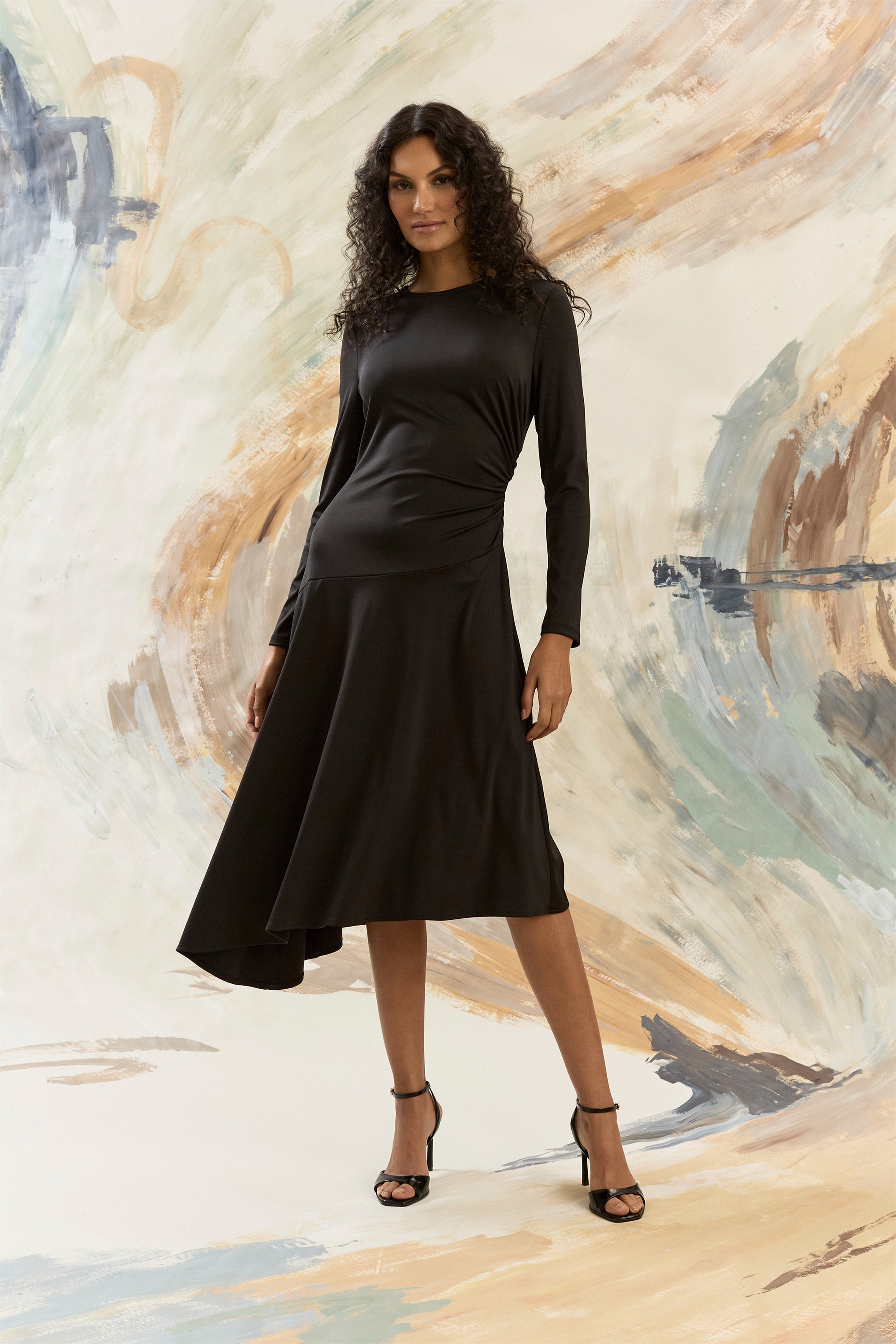 Klaudia Ruched Long Sleeve Midi Dress Fit and Flare | Maggy London