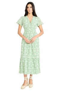 Kyra Cotton Embroidered Flutter Sleeve Midi Dress
