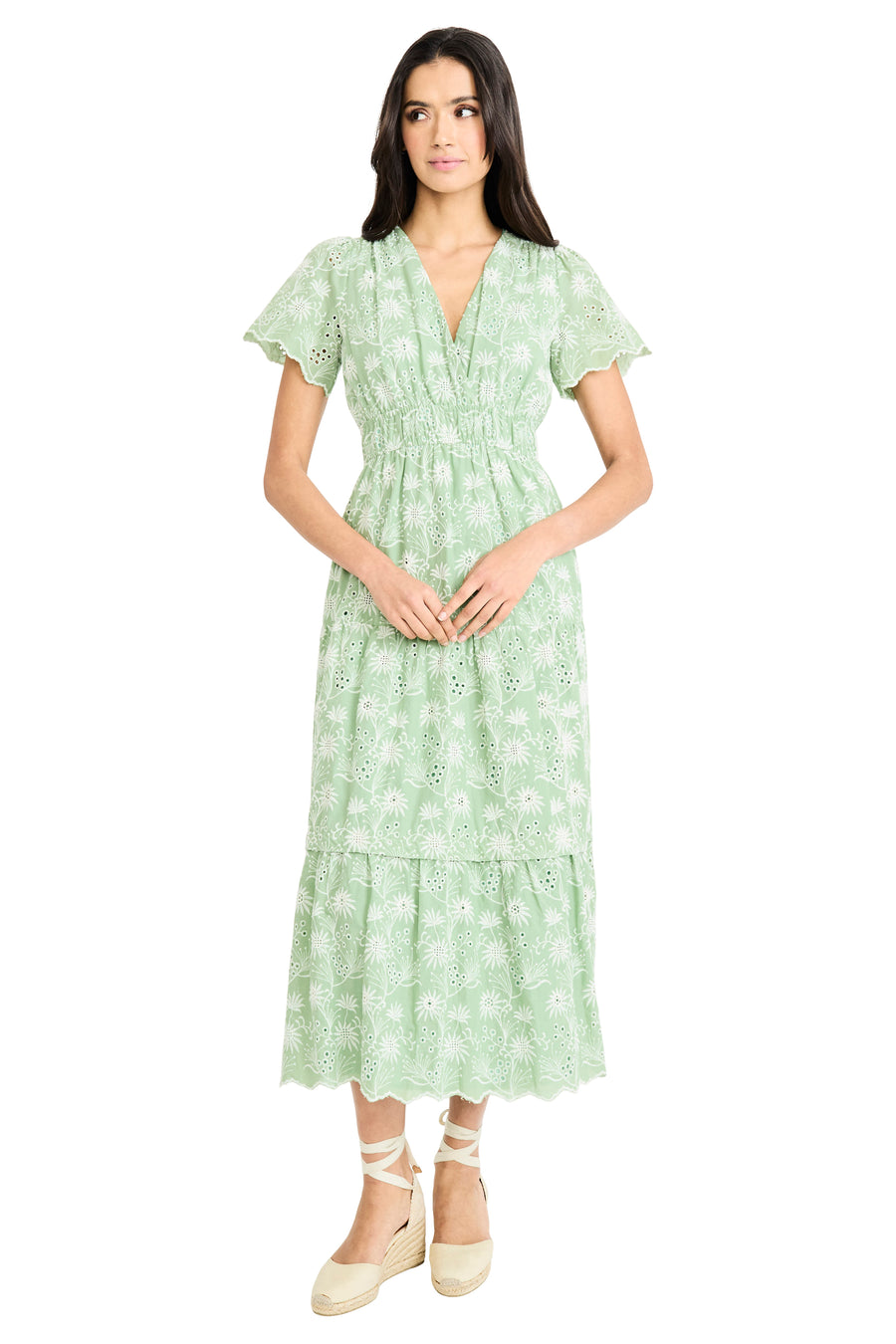 Kyra Cotton Embroidered Flutter Sleeve Midi Dress