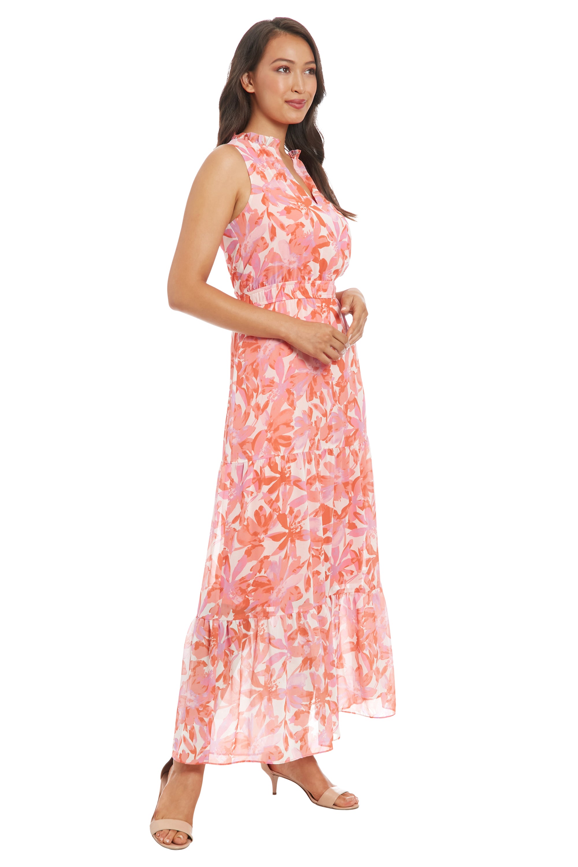 London Times Plus Size Floral V-Neck Tiered Maxi Dress - White Coral - Size 3X London Times Plus Size Floral V-Neck Tiered Maxi Dress - White Coral - Size 3X