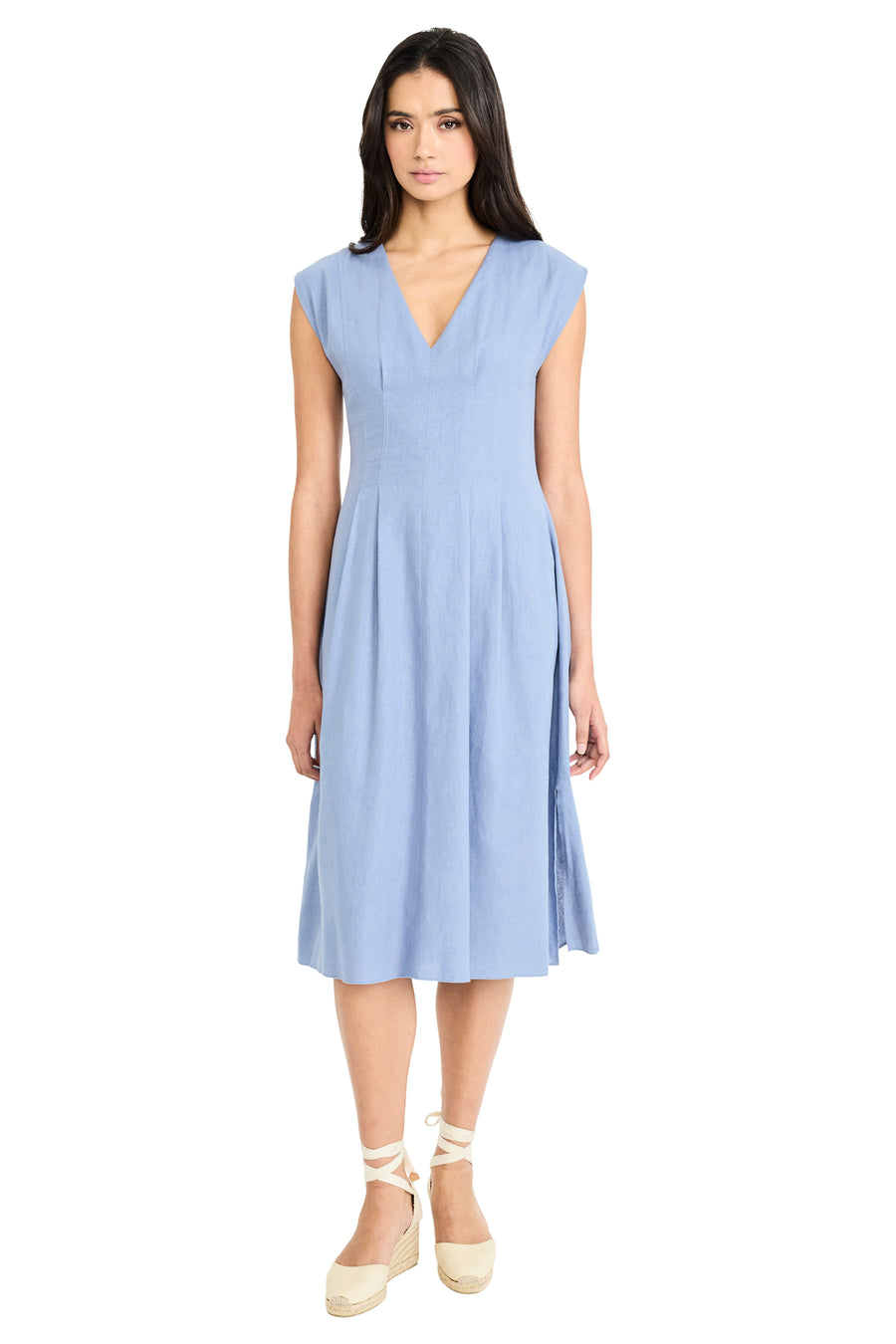 Kora Linen V-Neck Flare Midi Fit and Flare Short Sleeve | Maggy London Kora Linen V-Neck Flare Midi Fit and Flare Short Sleeve | Maggy London