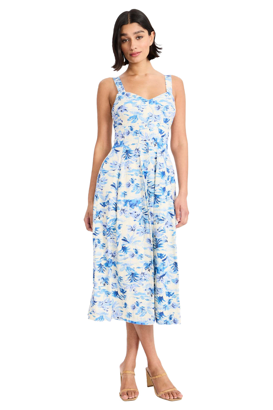 Kelly Linen Midi Fit & Flare Dress in Tropical Islands CREAM/VISTA BLUE / Standard / 18 Kelly Linen Midi Fit & Flare Dress in Tropical Islands CREAM/VISTA BLUE / Standard / 18