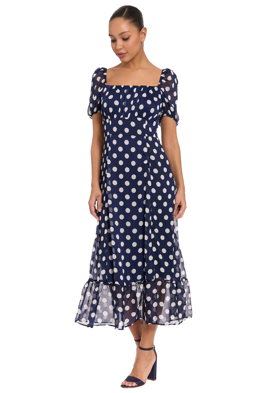 Kristin Puff Sleeve Midi in Chiffon Fit and Flare