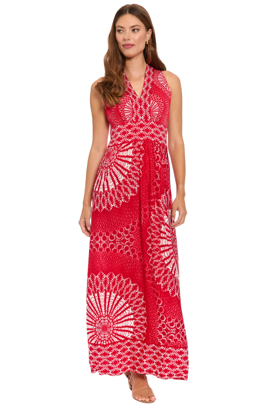 v neck halter boho dress London Times Women's Sleeveless Stretch Jersey Maxi Dress - Red
