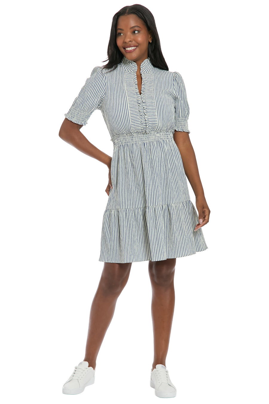 London Times Women's Stripe Ruffle Neck Puff Shoulder A-Line Minidress - Blue - Mini dresses London Times Women's Stripe Ruffle Neck Puff Shoulder A-Line Minidress - Blue - Mini dresses