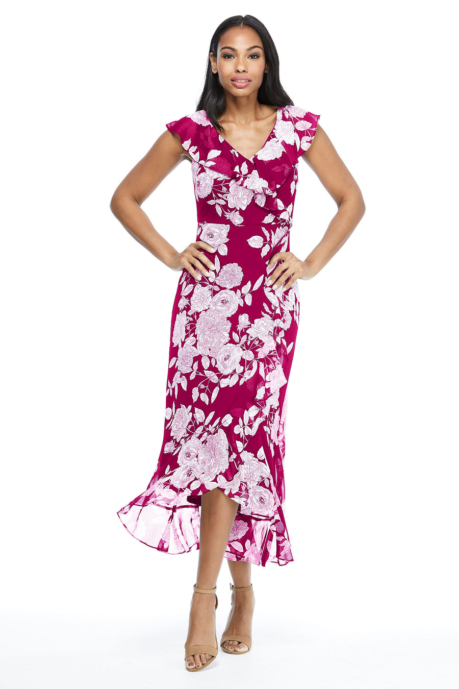 Alessandra Ruffle Faux Wrap Dress in Line Bloom
