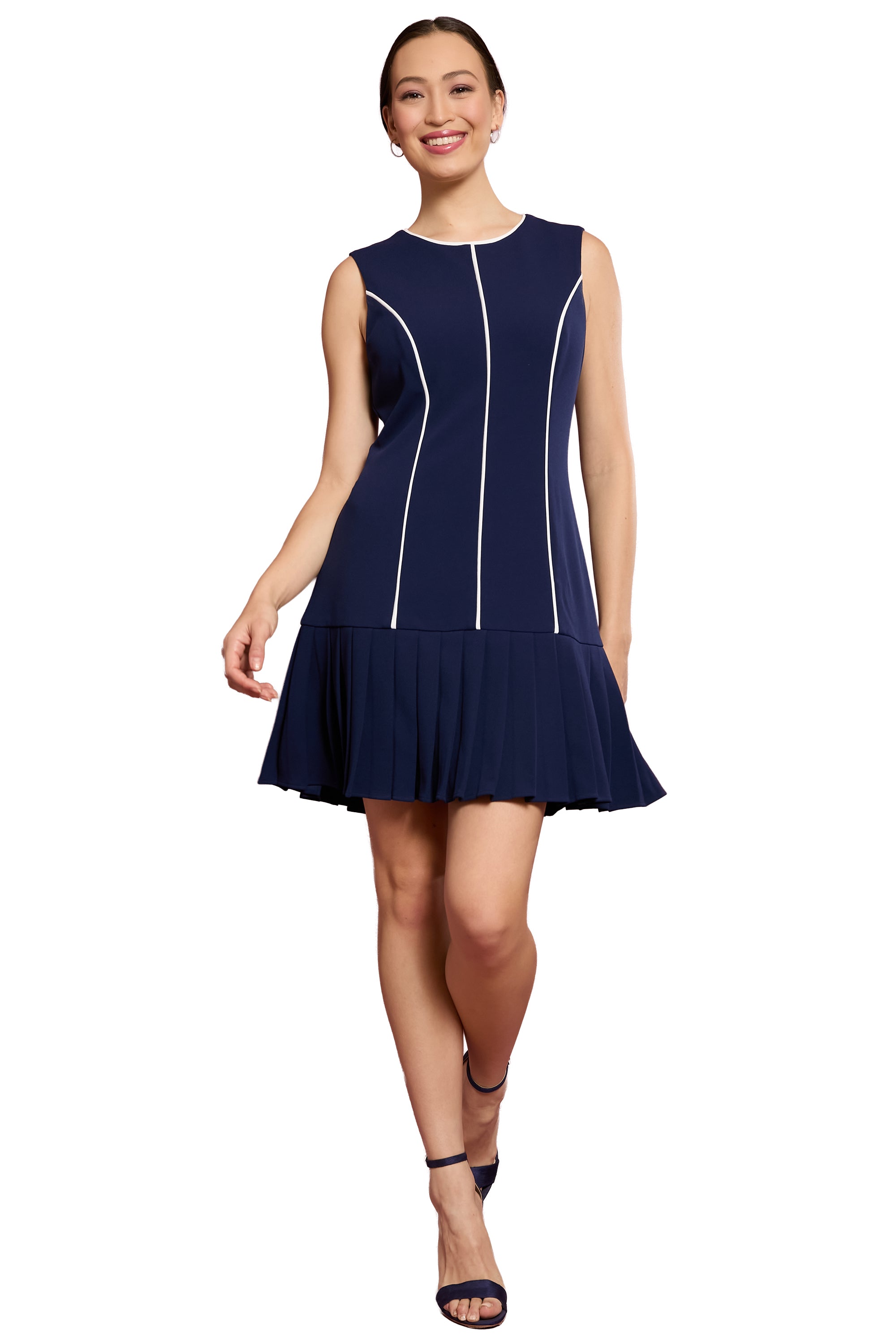 Nani Contrast Piped Pleated Dress in Navy Fit and Flare | London