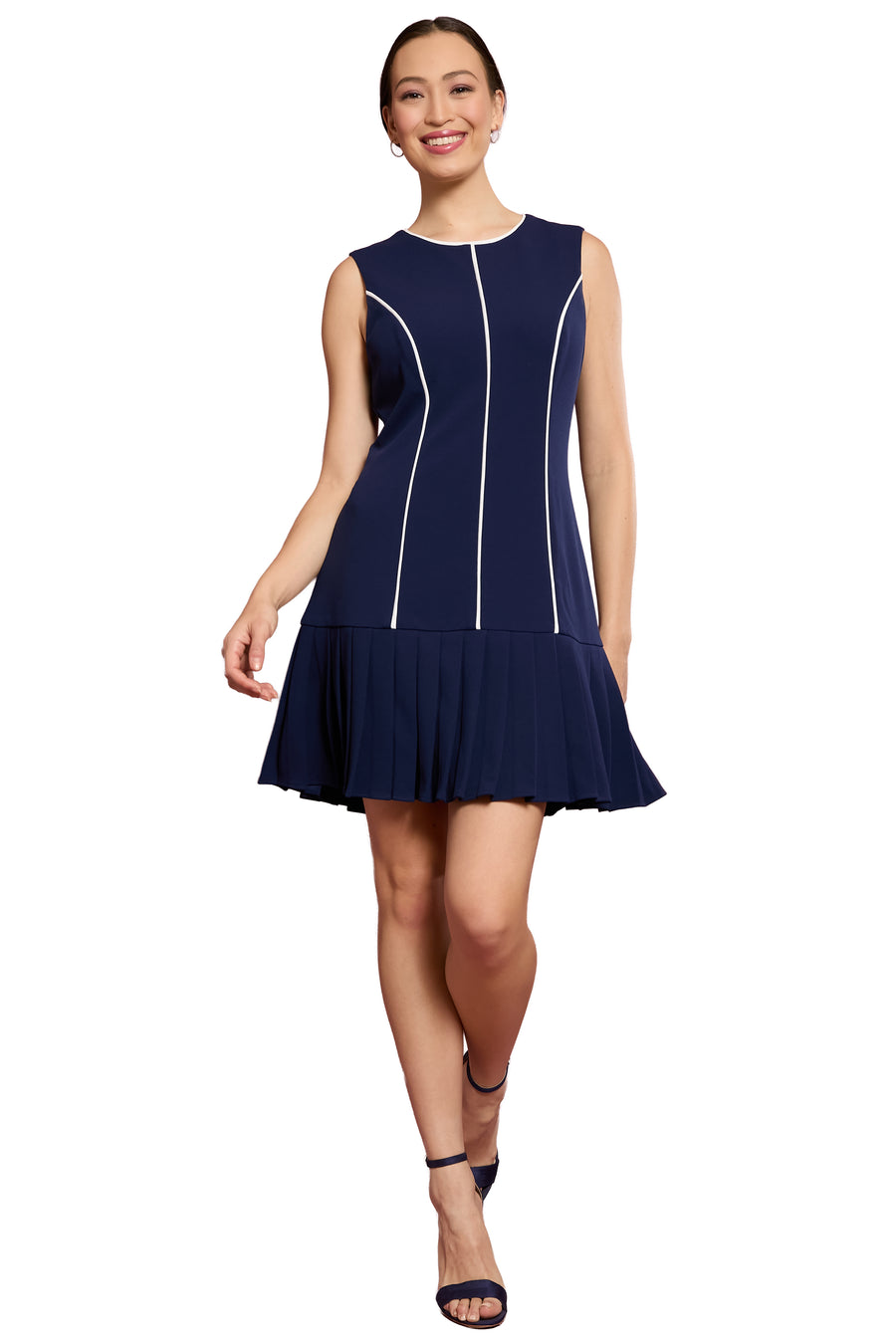 Nani Contrast Piped Pleated Dress in Navy