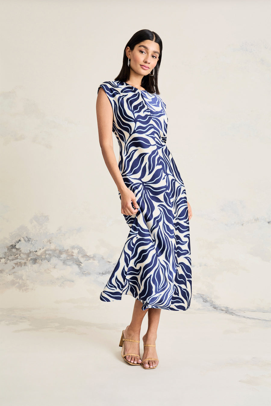 Aggie Graphic Print Cap Sleeve Midi Dress Fit and Flare | Maggy London CREAM/NAVY / Standard / 6 Aggie Graphic Print Cap Sleeve Midi Dress Fit and Flare | Maggy London CREAM/NAVY / Standard / 6