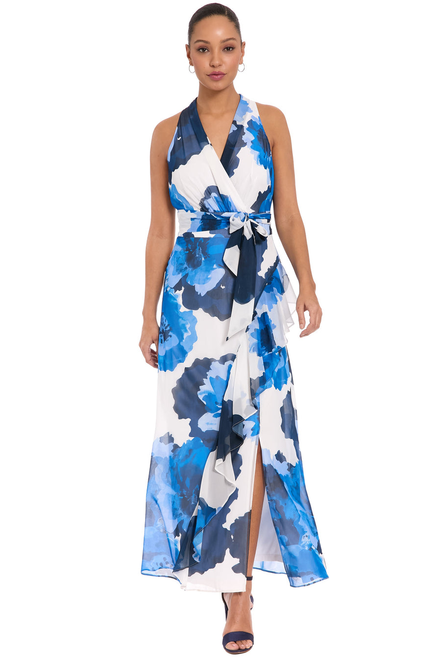 Women's London Times Sash Belt Halter Maxi Dress, Size: 16, White BLUE