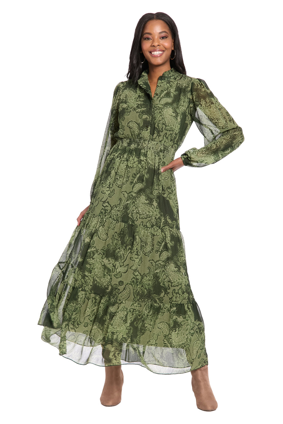 Lettie Long Sleeve Ruffle Neck Tiered Maxi Dress | London Times Maggy London Lettie Long Sleeve Ruffle Neck Tiered Maxi Dress | London Times Maggy London