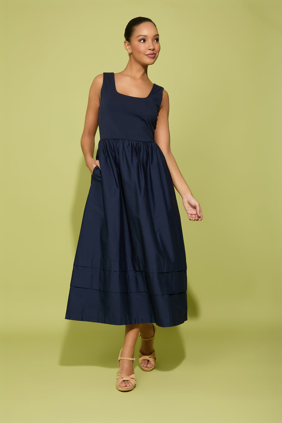 Carin Cotton Square Neck Linen Two-Fer Midi
