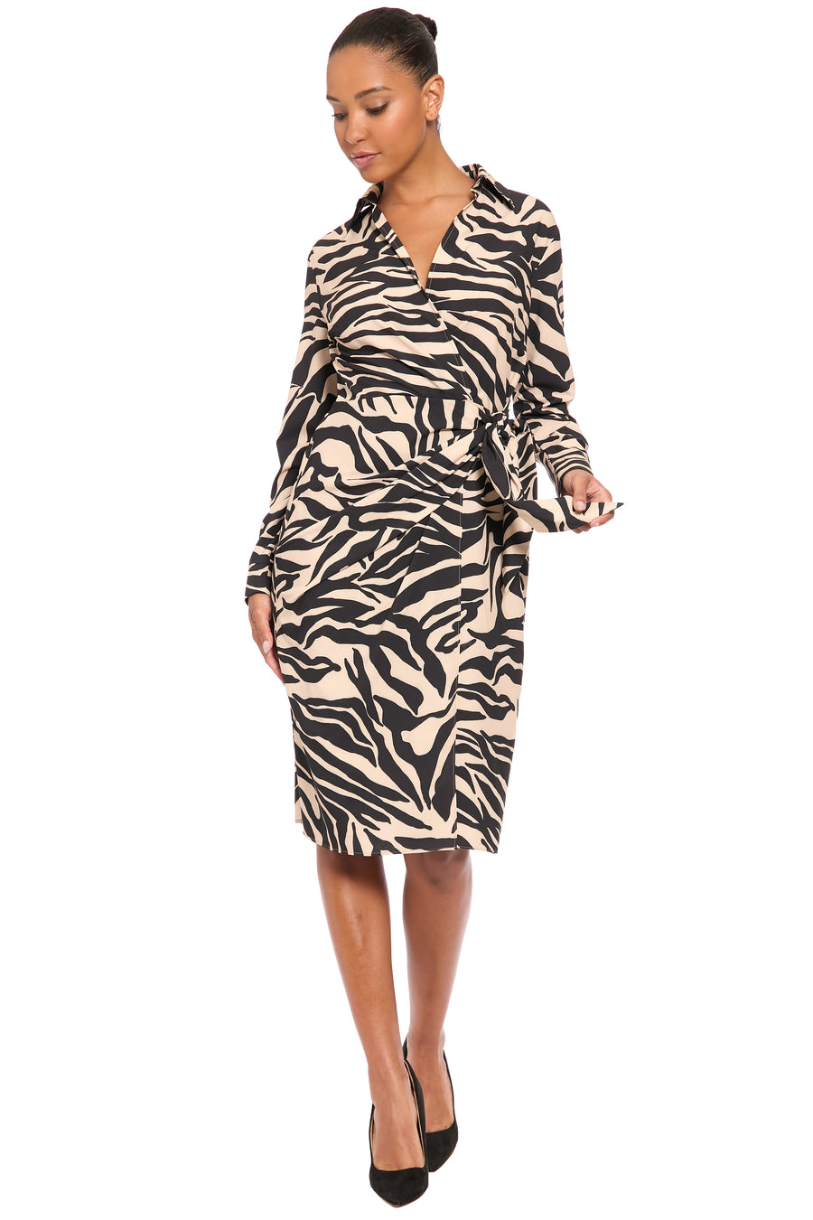 Rhea Collared Side Tie Midi in Zebra