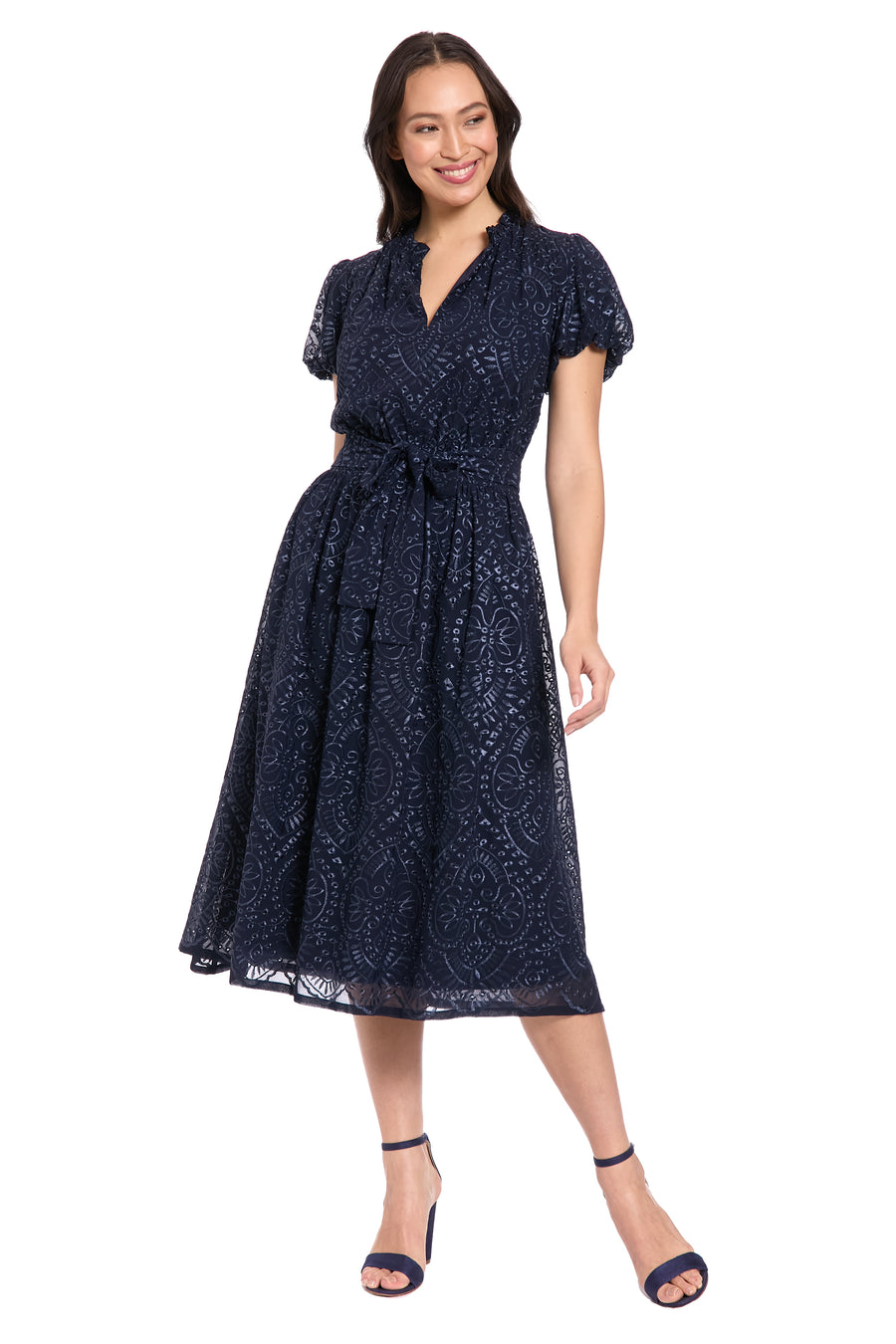 London Times Women's Eyelet Tie Waist Midi Dress - Blue - Casual dresses London Times Women's Eyelet Tie Waist Midi Dress - Blue - Casual dresses