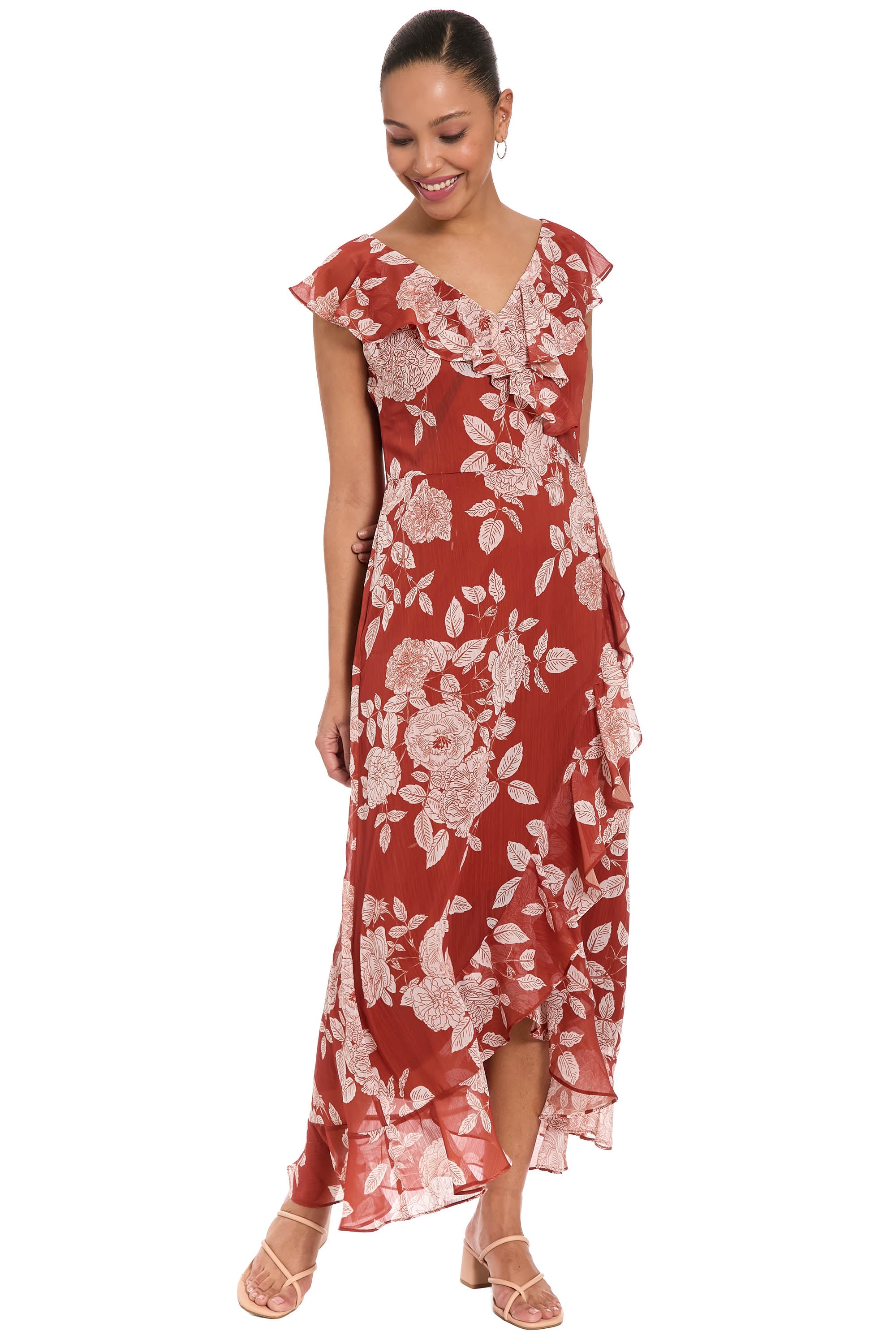 Alessandra Ruffle Faux Wrap Dress in Line Bloom A-Line | London