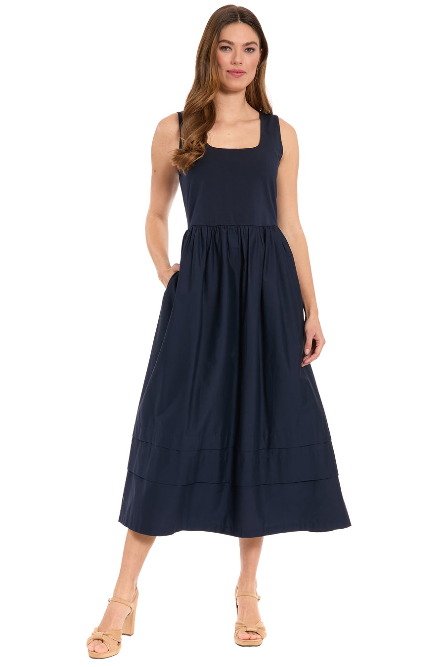Carin Cotton Square Neck Linen Two-Fer Midi