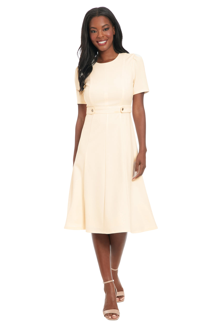 London Times Petite Crewneck Button-Tab Short-Sleeve Midi Dress - Sugar Ivory - Size 14p London Times Petite Crewneck Button-Tab Short-Sleeve Midi Dress - Sugar Ivory - Size 14p
