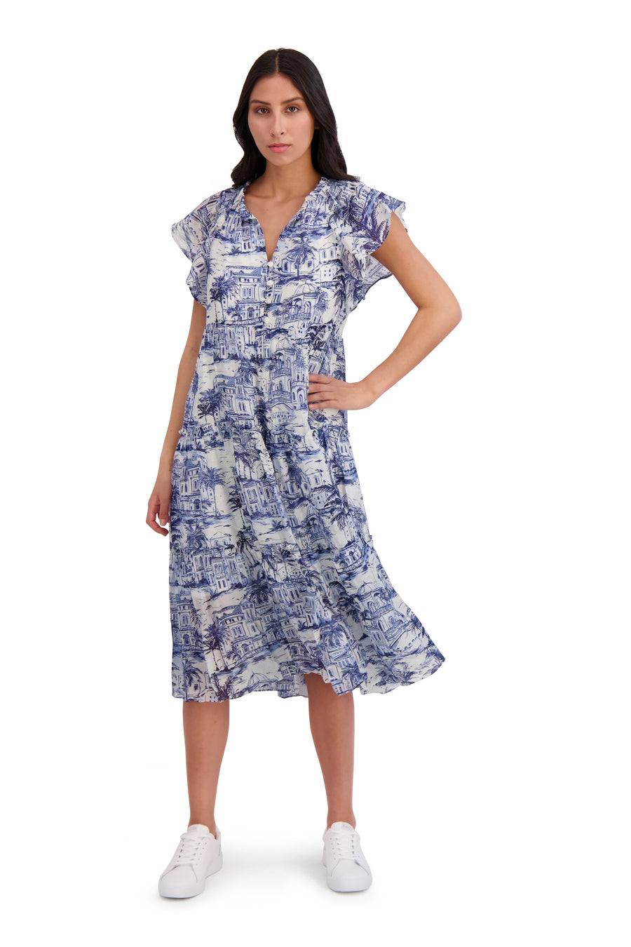 maggy london women's short flutter sleeve faux wrap midi dress Maggy London Crew Neck Flutter Sleeve Faux Wrap Dress