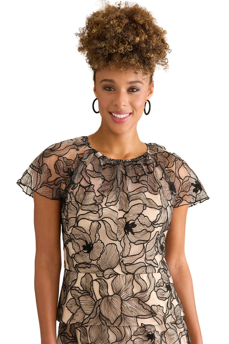 Madonna Cap Sleeve Embroidered Blouse