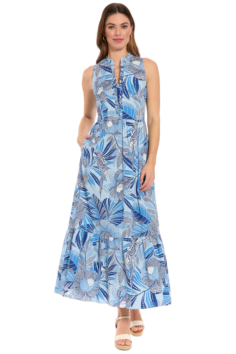 Joelle Cotton Ruffle Neck Maxi in Pixel Palm