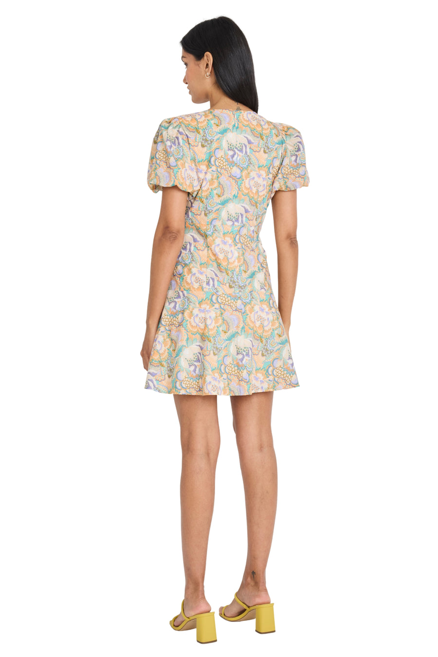 Donna Morgan Puff Sleeve V-Neck Mini Dress, Womens, 6, Aqua/Gold Donna Morgan Puff Sleeve V-Neck Mini Dress, Womens, 6, Aqua/Gold