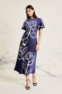 Meghann Graphic Floral Fluted Sleeve Midi Dress