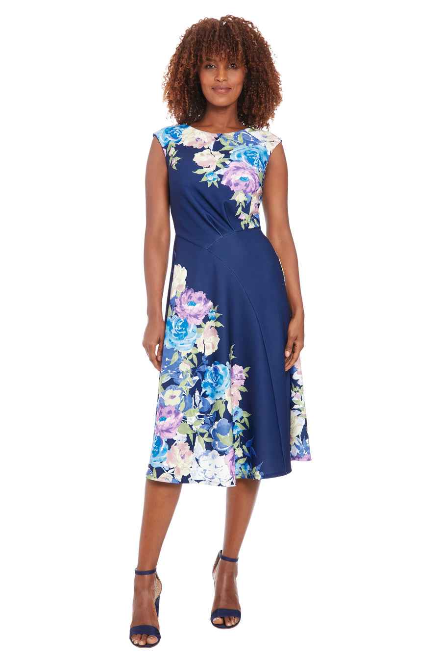 seamed flare dress London Times Women's Cap Sleeve Asymmetric Seamed Flare Dress