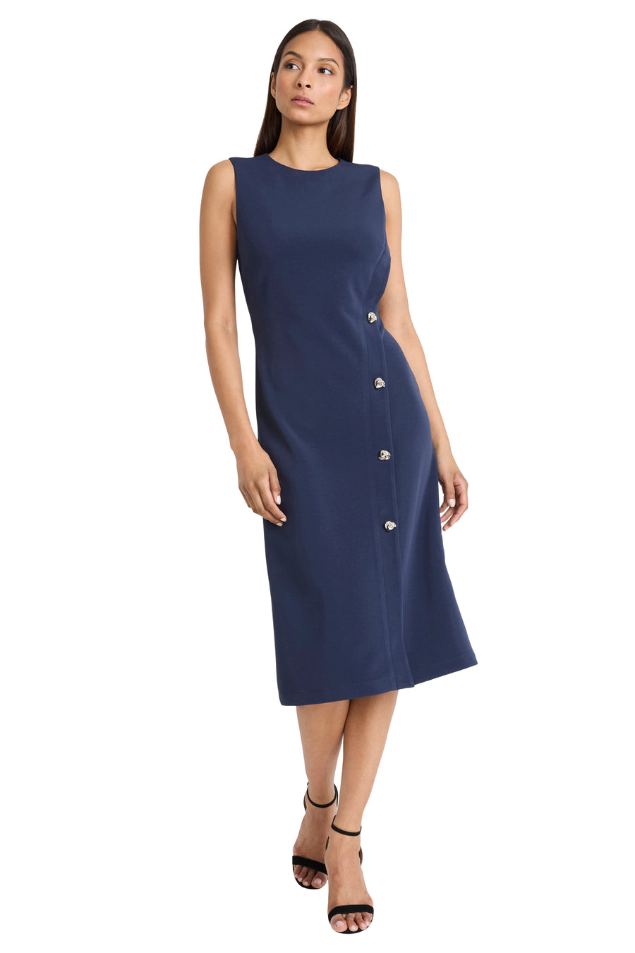 Nami Button-Detail Sleeveless Sheath Dress A-Line Midi | Donna Morgan Navy Blazer / Standard / 16 Nami Button-Detail Sleeveless Sheath Dress A-Line Midi | Donna Morgan Navy Blazer / Standard / 16