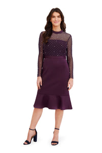 Laurenda Beaded Pearl Illusion Mesh Midi