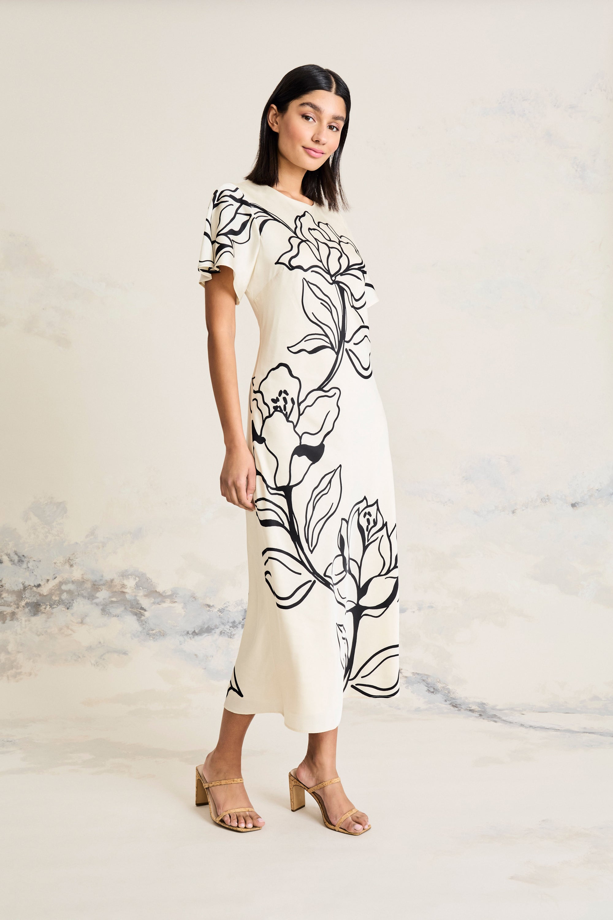 Meghann Graphic Floral Fluted Sleeve Midi Dress