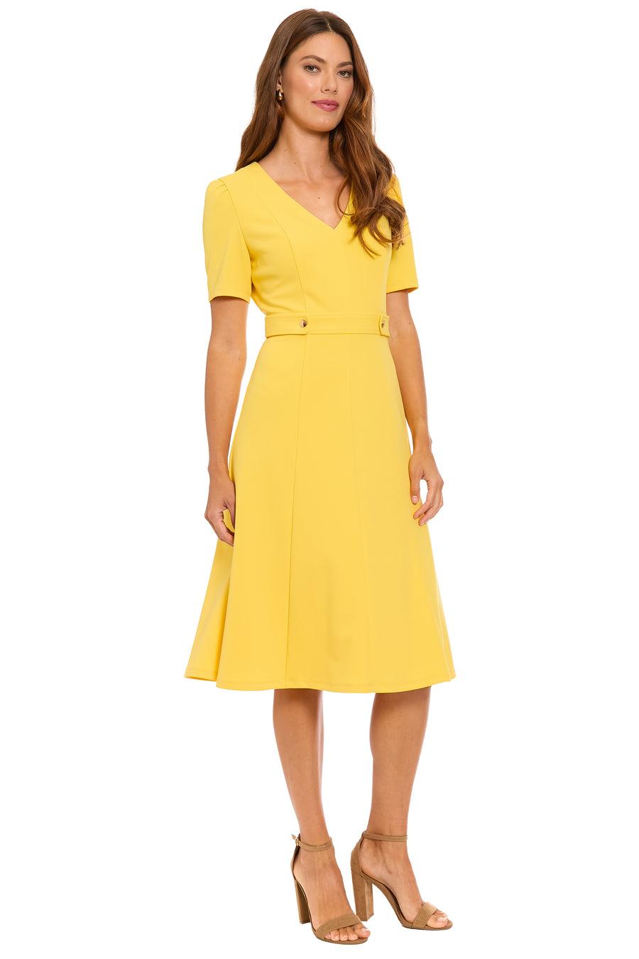 London Times Petite Short-Sleeve V-Neck Midi Dress - Banana Cream