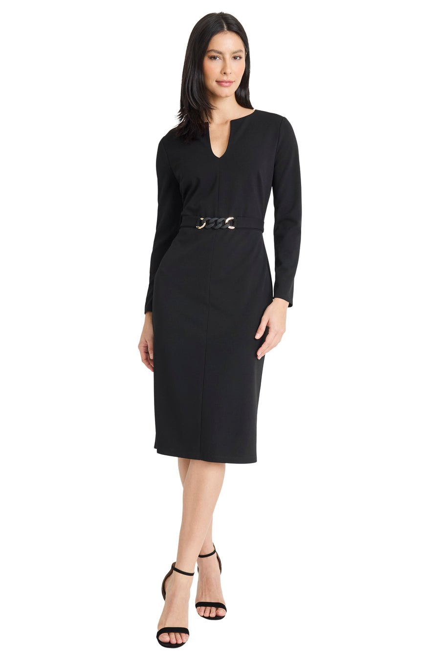 Ginevra Belted Long Sleeve Sheath A-Line Midi Dress Ginevra Belted Long Sleeve Sheath A-Line Midi Dress