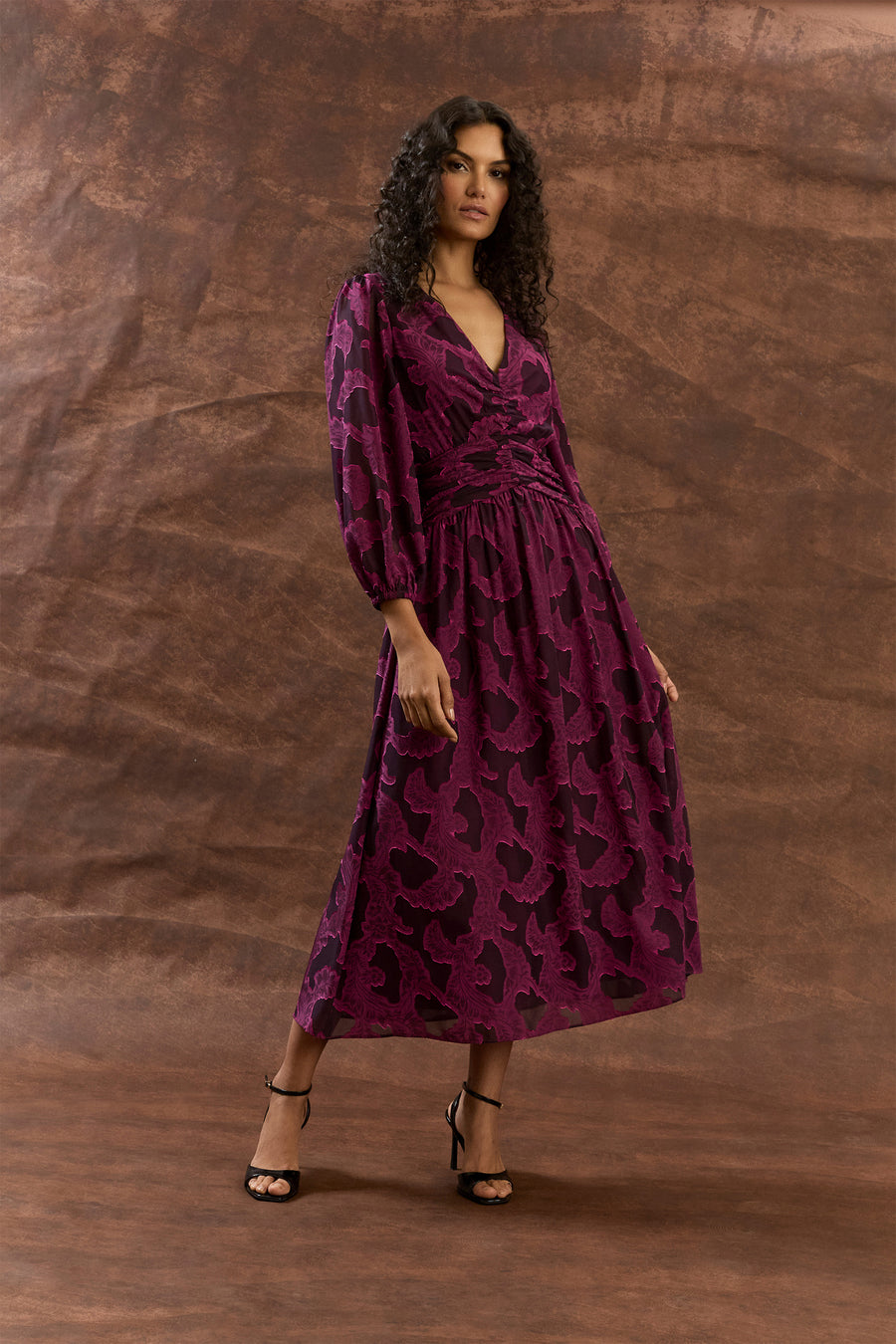 Juliana Ruched Waist V-neck Flocked Midi Fit and Flare | Maggy London Juliana Ruched Waist V-neck Flocked Midi Fit and Flare | Maggy London