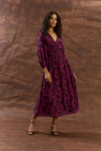 Juliana Ruched Waist V-neck Flocked Midi