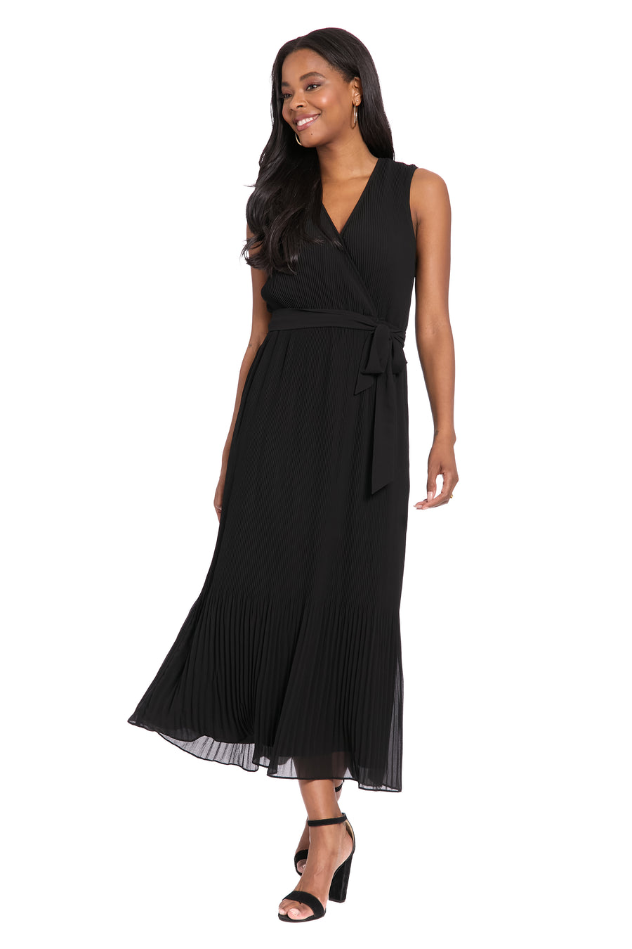 London Times Pleated Surplice Neck Midi Dress in Black at Nordstrom Rack, Size Medium London Times Pleated Surplice Neck Midi Dress in Black at Nordstrom Rack, Size Medium