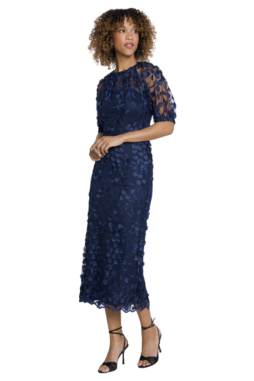 FLORAL ILLUSION PUFF SLEEVE MIDI DRESS W/ KEYHOLE – Maggy London