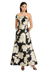 Reya Off the Shoulder Gown in Metallic Floral Jacquard