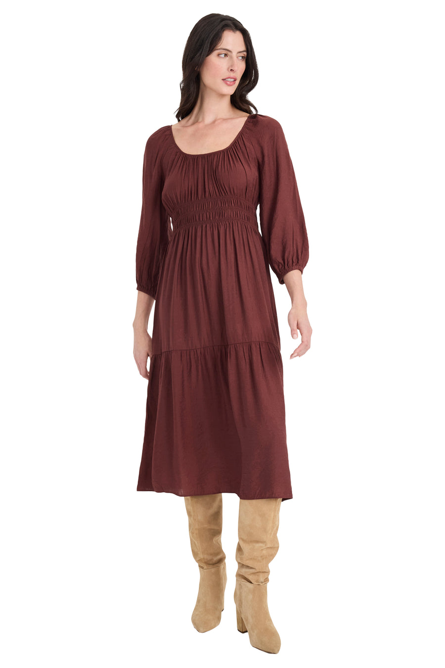 Lawrence Babydoll Smocked Midi Dress Empire Waist | The Good Journey BITTER CHOCOLATE / Standard / m Lawrence Babydoll Smocked Midi Dress Empire Waist | The Good Journey BITTER CHOCOLATE / Standard / m