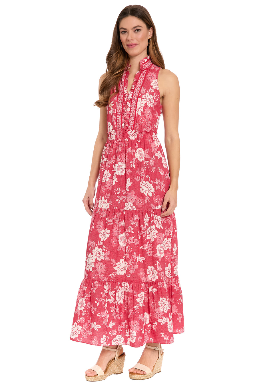 Brooke Ruffle Neck Smocked Maxi in Grid Floral