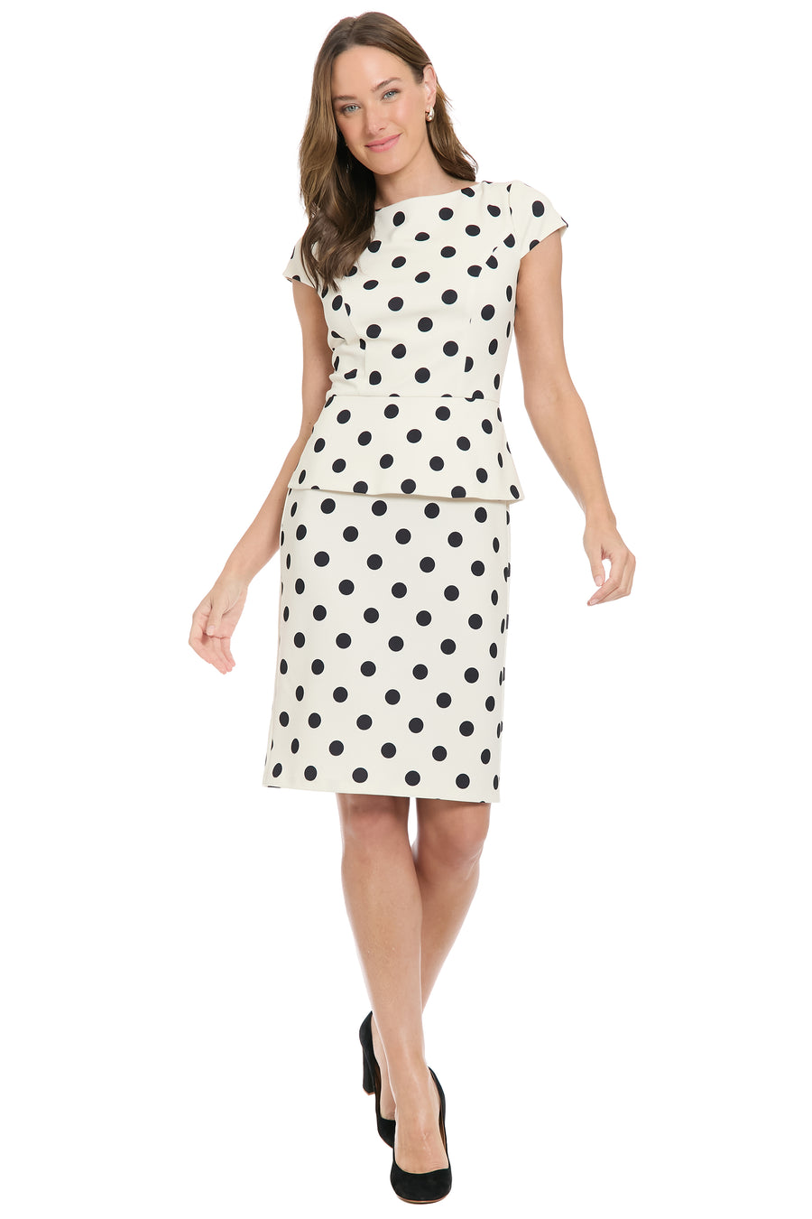 Nadya Cap Sleeve Peplum Sheath in Quarter Dots