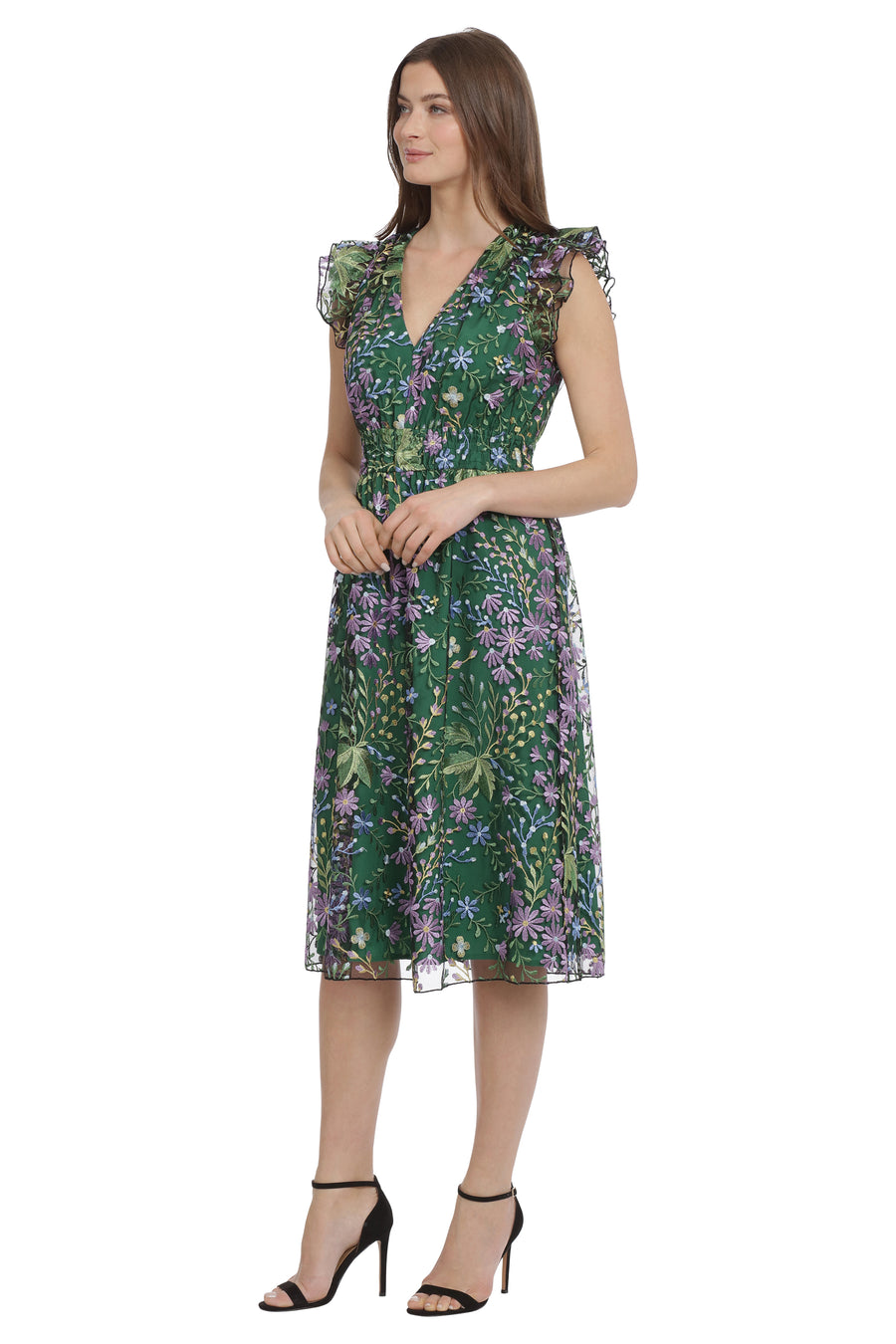 SHORT SLEEVE V-NECK MIDI DRESS WITH RUFFLE FLOUNCE Maggy London SHORT SLEEVE V-NECK MIDI DRESS WITH RUFFLE FLOUNCE Maggy London