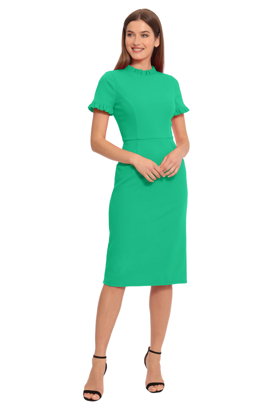 RUFFLE COLLAR SLANT POCKET SHEATH DRESS Maggy London RUFFLE COLLAR SLANT POCKET SHEATH DRESS Maggy London
