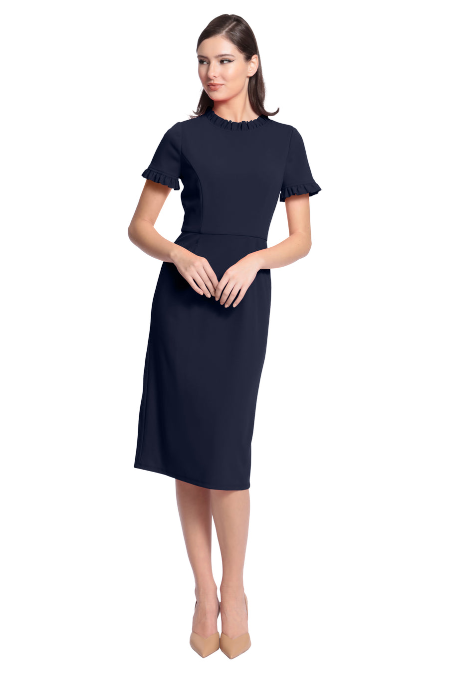 RUFFLE COLLAR SLANT POCKET SHEATH DRESS Maggy London RUFFLE COLLAR SLANT POCKET SHEATH DRESS Maggy London