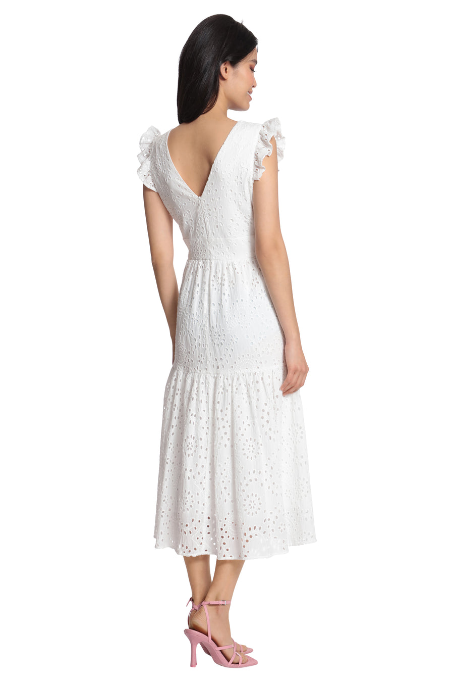 MIDI DRESS WITH RUFFLE SLEEVES AND V NECK ANTIQUE White / Standard / 10 MIDI DRESS WITH RUFFLE SLEEVES AND V NECK ANTIQUE White / Standard / 10
