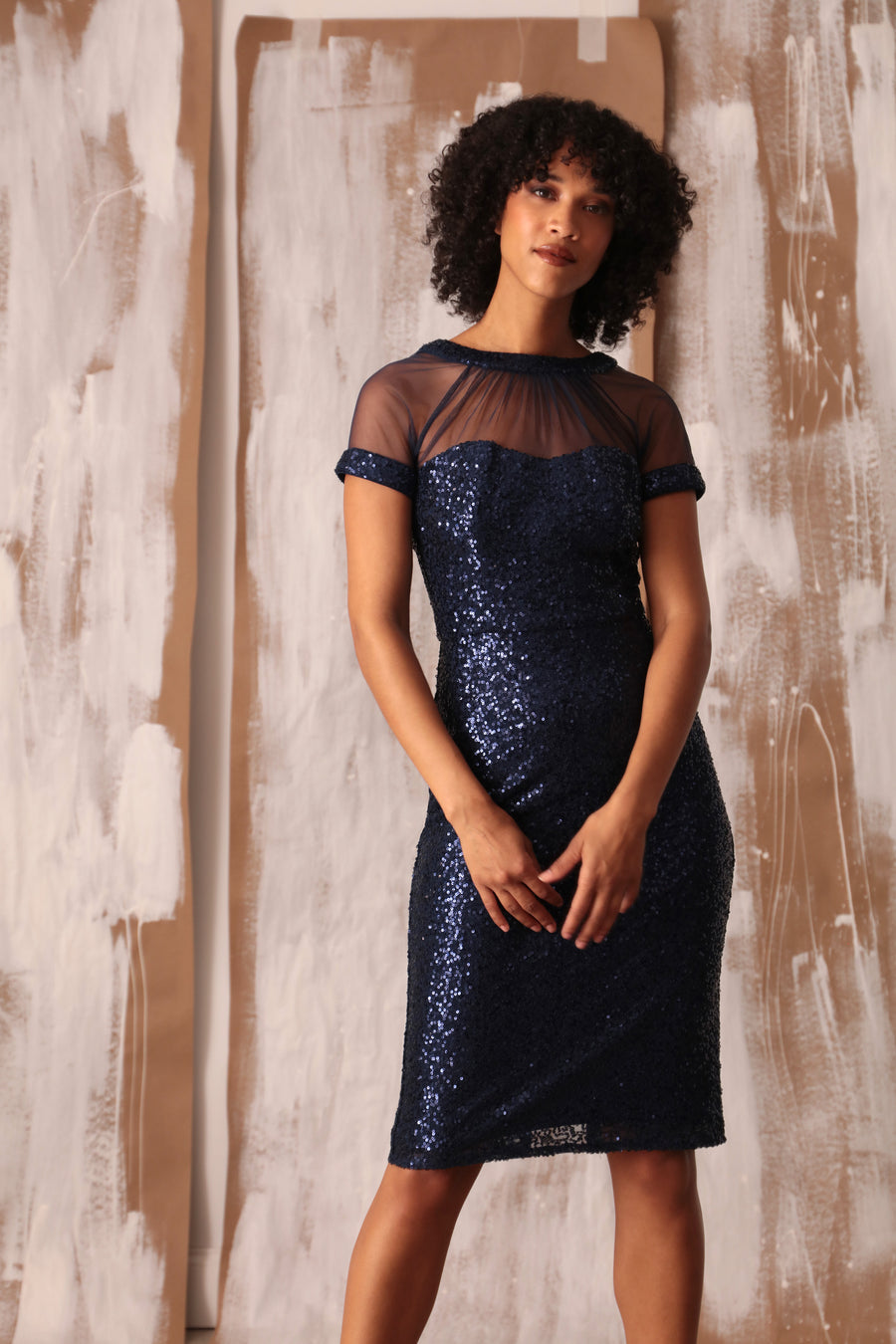 Sequin Illusion MIDI Dress Navy / Standard / 16 Sequin Illusion MIDI Dress Navy / Standard / 16