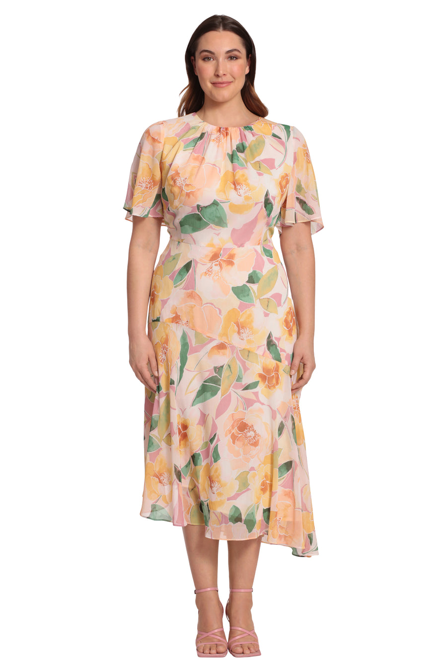 maggy london flutter sleeve midi dress Maggy London Women's Printed V-Neck Midi Fit & Flare Dress - Black/Appricot